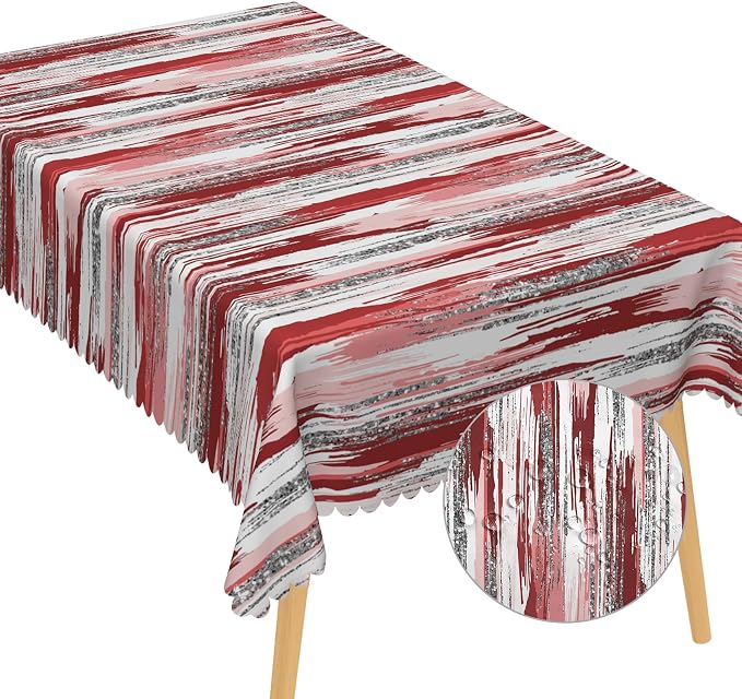 Abstract Striped Rectangle Tablecloth 60x120 Inch Red and White Old Texture Grunge Stripes Vintage Mosaic Dust-Proof Table Cover Protector for Kitchen Restaurant Picnic Camping BBQ Burgundy