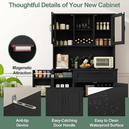 Shintenchi Kitchen Pantry Storage Cabinet, Freestanding Buffet Cabinet with Microwave Stand & 3 Door Shelves, Kitchen Hutch with Doors, Adjustable Shelves and Wine Rack, Black