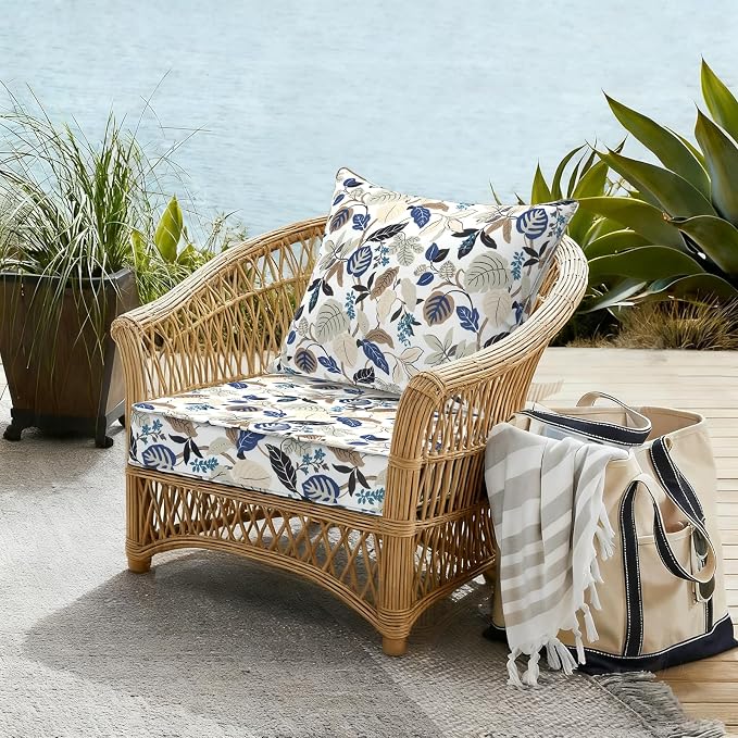 DYTXIII Outdoor Deep Seat Cushion Set, Water Repellent 22"x22" Patio Thick Cushions Replacement with Seat & Back Pillow for Patio Sofa, Wicker Chair, Couch - Breeze Leaves Beige