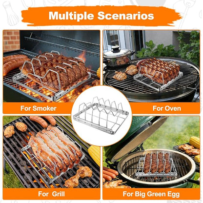 Rib Rack for Smoking and Grilling, Smoking-holds Up to 4 Full Racks of Ribs for Standing Rib Roast, Stainless Steel Meat Resting Rack for Outdoor Grill Camping Picnics Barbecue Grills and Smokers