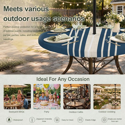 Outdoor Fitted Tablecloth with Umbrella Hole and Zipper, Navy Blue Beige Striped Elastic Round Patio Table Cover, Farmhouse Retro Lines Modern Table Protector for Backyard BBQ Party 55''-60''