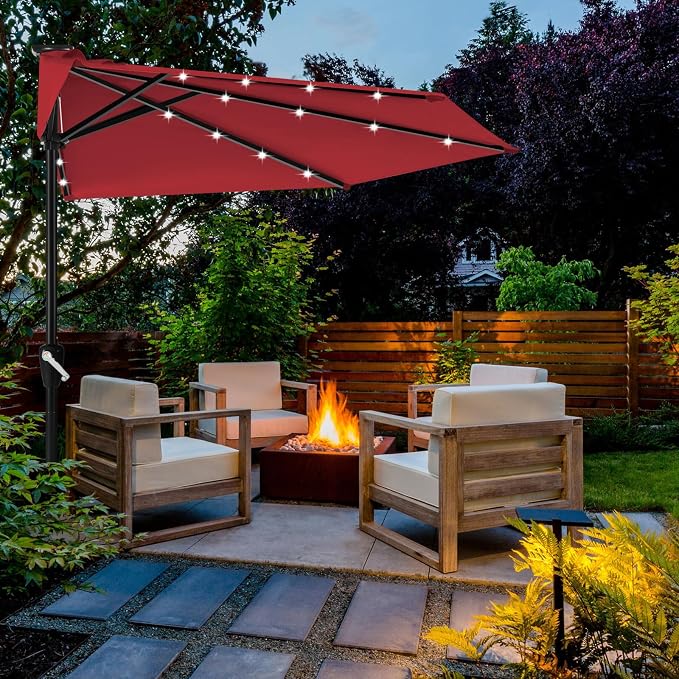 ABCCANOPY Patio Umbrella 9FT Outdoor Half Umbrella w/Solar Lights，Burgundy | Fade & UV Resistant Fabric, 5 Fiberglass Ribs, Waterproof, Air Vent, Crank Operated, Great for Patio, Backyard, Garden, Deck