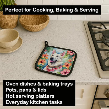 Caroline's Treasures White German Shepherd Luau Pair of Pot Holders Kitchen Heat Resistant Pot Holders Sets Oven Hot Pads for Cooking Baking BBQ, 7 1/2 x 7 1/2