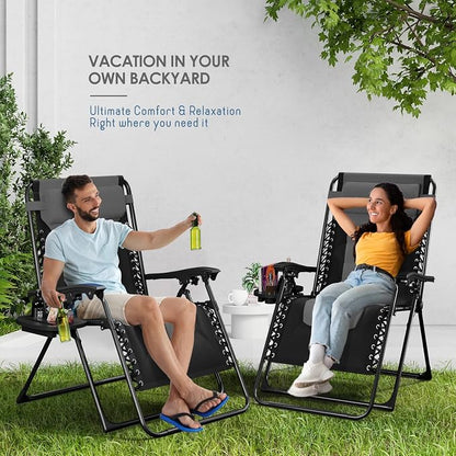 Nestl Padded Oversized Zero Gravity Chair, XL Outdoor Lounge Chair Set of 2 | Adjustable Headrest, Cup Holder & Side Tray, Support 330 LBS, Anti Gravity Reclining, For Patio, Camping & Beach, Black/Grey