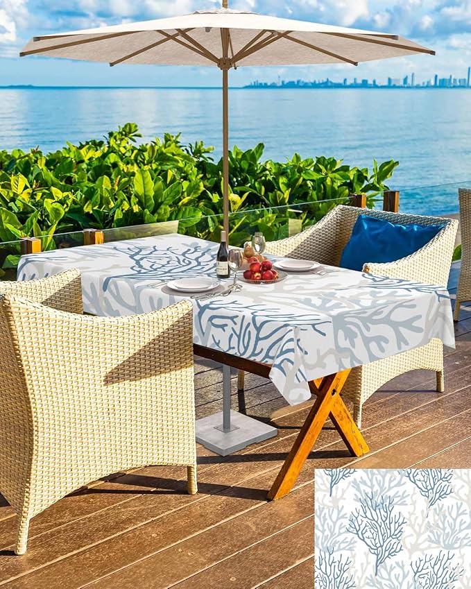 Blue Grey Coral Coastal Outdoor Tablecloth - 52x70 Inch Rectangle Waterproof Dining Table Cover, Summer Beach Seaside Nautical Outdoor Table Cloth with Umbrella Hole & Zipper for Patio