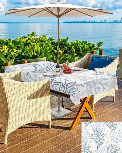 Blue Grey Coral Coastal Outdoor Tablecloth - 52x70 Inch Rectangle Waterproof Dining Table Cover, Summer Beach Seaside Nautical Outdoor Table Cloth with Umbrella Hole & Zipper for Patio