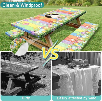 Easter Picnic Table Cover with Bench Covers, Cute Bunny Flower Colorful Wooden Board Camping Tablecloth, Waterproof Windproof, Fitted Tablecloth Cover with Elastic Edge, for Outdoor, 3 PCS, 30x60 Inch