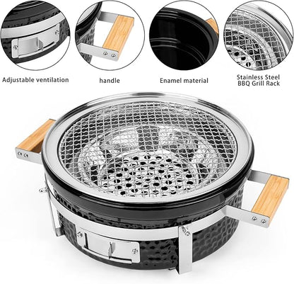 ONLYFIRE GRILLS Ceramic Hibachi Charcoal Grill with Grid Lifter, 14" Portable BBQ Yakitori Grill with Stainless Steel Grate for Outdoor Patio Backyard Barbecue Cooking, GS305
