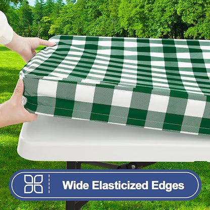 Smiry Picnic Table Cloth 2 Pack, Waterproof Elastic Fitted Tablecloths for 8FT Rectangle Tables, Washable Polyester Buffalo Plaid Tablecloth for Camping & Outdoor (Hunter Green & White, 30" x 96")