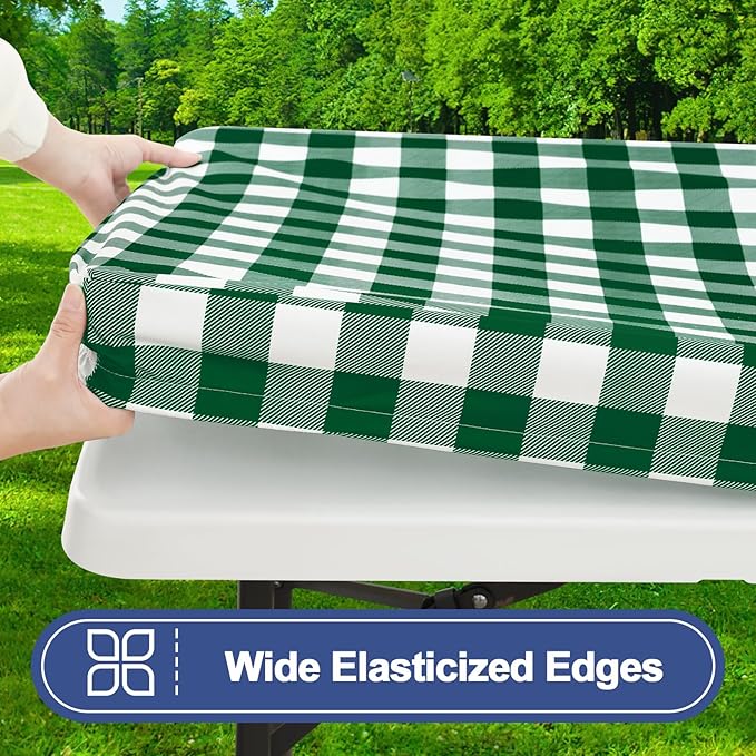 Smiry Picnic Table Cloth 2 Pack, Waterproof Elastic Fitted Tablecloths for 6FT Rectangle Tables, Washable Polyester Buffalo Plaid Tablecloth for Camping & Outdoor (Hunter Green & White, 30" x 72")