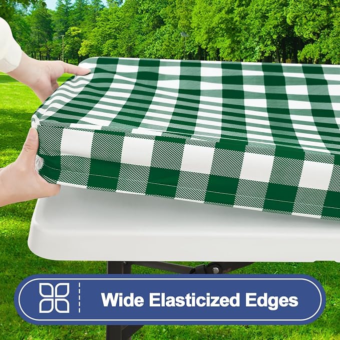 Smiry 8FT Picnic Table Cover with Bench Covers, Elastic Fitted Tablecloth | Waterproof Washable Rectangle Tablecloths ,Buffalo Plaid Tablecloth for Dining, Camping (Hunter Green & White, 30" x 96")