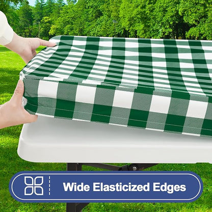 Smiry 8FT Picnic Table Cover with Bench Covers, Elastic Fitted Tablecloth | Waterproof Washable Rectangle Tablecloths ,Buffalo Plaid Tablecloth for Dining, Camping (Hunter Green & White, 30" x 96")