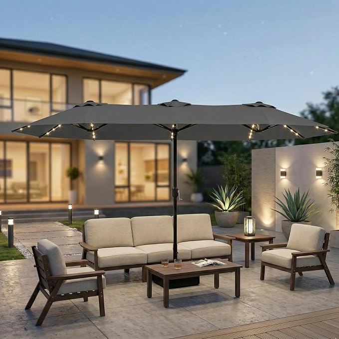 15ft Large Patio Umbrella with Solar Lights and Base, Double-Sided Outdoor Rectangle Umbrella with 48 LED Lights, Market Table Umbrellas with UV Resistant Canopy