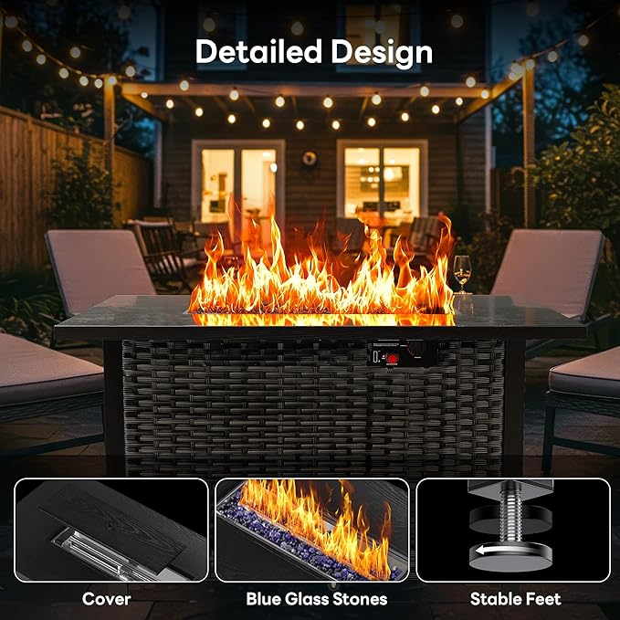43” Outdoor Propane Fire Pit Table, 50,000 BTU Square Rattan Gas Fire Pit with Lid & Blue Crystal Stones, Steel Tabletop, Adjustable Flame, 4-in-1 FirePit Table for Patio, Backyard, Outdoor Gatherings
