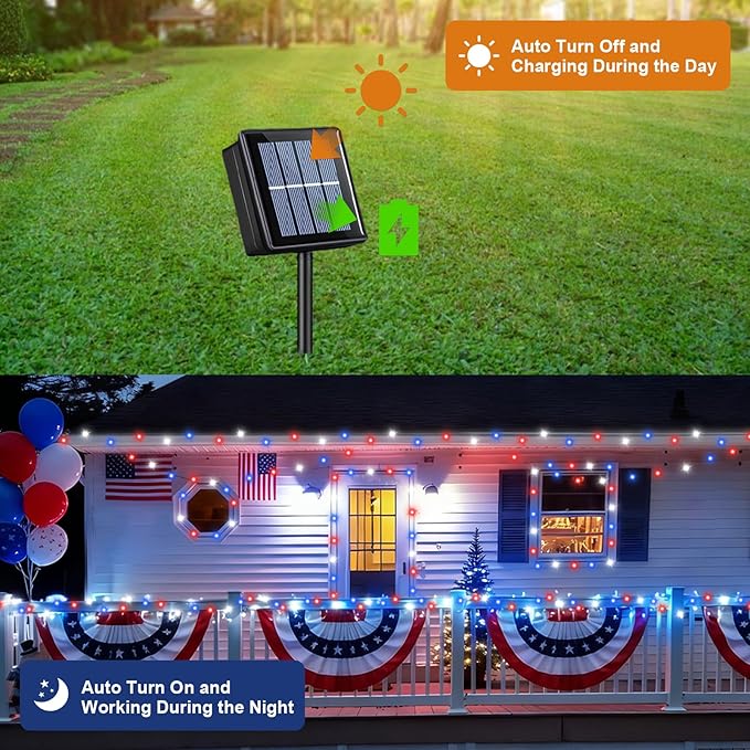 QITONG Red White and Blue Solar String Lights, 2 Pack Each 66ft 200 LED 4th of July Lights Outdoor Waterproof, 8 Modes Green Wire Patriotic Led Lights for Independence Memorial Day Decor