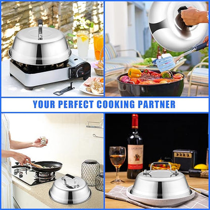 Cheese Melting Dome Set of 3, Leonyo 12"-9"-6.5" Metal Steam Basting Cover for Griddle Grill, Heavy duty Stainless Steel Griddle Accessories for BBQ Flat Top Kitchen Cooking Hamburger, Heat Proof Grip