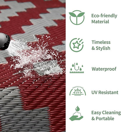 GENIMO Outdoor Rug, Waterproof Plastic Rugs for Patio, 10'x20' Red Grey | Outside Larger Modern Carpet Mat for Patio Decor, RV, Porch, Camper, Deck, Picnic, Beach, Backyard, Reversible, Foldable