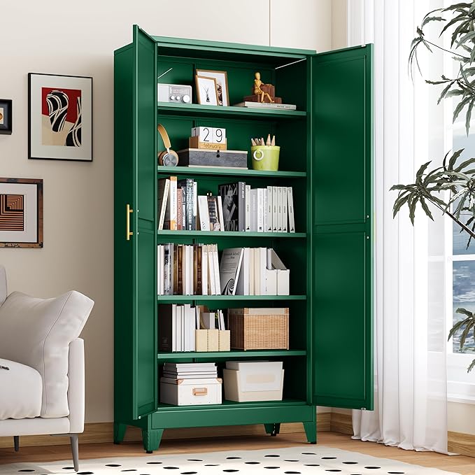 PAOFIN Kitchen Pantry Storage Cabinet with Doors and Adjustable Shelves, Metal ClosetMaid Food Pantry Cabinets, 75" Tall Freestanding Cupboard for Kitchen, Laundry or Utility Room, Green