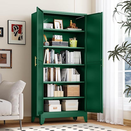 PAOFIN Kitchen Pantry Storage Cabinet with Doors and Adjustable Shelves, Metal ClosetMaid Food Pantry Cabinets, 75" Tall Freestanding Cupboard for Kitchen, Laundry or Utility Room, Green