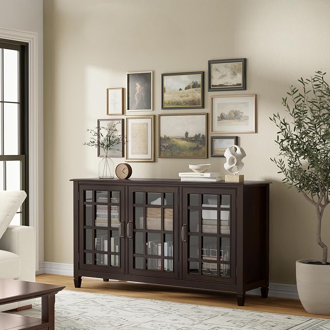 SIMPLIHOME Connaught 60" Solid Wood Buffet in Chestnut Brown | Traditional sideboard buffet with glass doors and adjustable shelves for organized dining or living room storage.