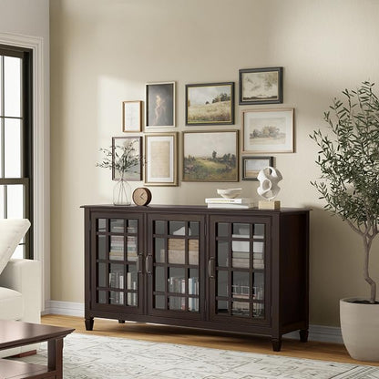 SIMPLIHOME Connaught 60" Solid Wood Buffet in Chestnut Brown | Traditional sideboard buffet with glass doors and adjustable shelves for organized dining or living room storage.
