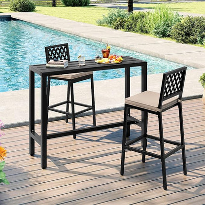 Giantex Outdoor Rectangle Bar Table with Counter Height, Slatted Top & Footrest, Heavy-Duty Metal Frame, 400Lbs Capacity, High Pub Table for Patio, Deck, Yard, Hot Tub, Balcony, Black (48")