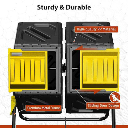 Compost Bin Outdoor, 2 Separate Tumbling Chambers, 37Gal Lagre Compost Tumbler with Sliding Door and Aeration System, 360° Rotating, Tumbling Composter Bin for Kitchen, Garden, Yard, Black Yellow