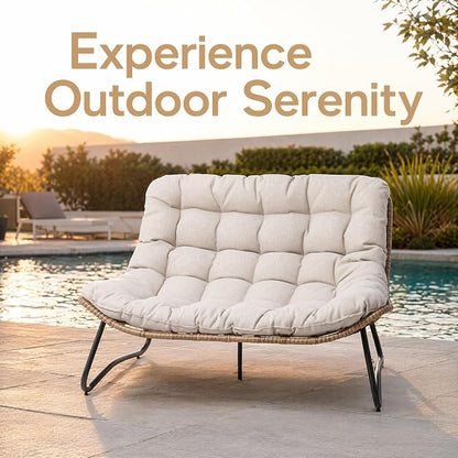 Outdoor Loveseat 2-Seat Wicker Rattan Boho Patio Sofa Beige 1PC | 53"x36"x30", 13" seat height. 4" thick cushions, 1000lb cap. All-weather PE rattan, rust-proof frame. Beige, 1PC.