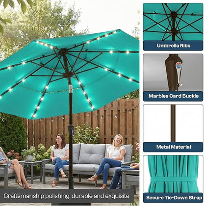 10FT Patio Umbrella 3 Tiers with LED Light Outdoor Market Umbrella w/Push Button Tilt, Crank, UV and Waterproof Table Umbrella for Garden, Pool, Backyard, Deck, Lawn, Turquoise Blue