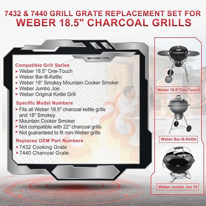 17.5" Charcoal Cooking Grate for Weber 18.5" Smokey Mountain Bar-B-Kettle, One-Touch, Cooker Smoker, Jumbo Joe, Original Kettle Grill, Stainless Steel Round Grate Kit Accessories for Weber 7432 7440