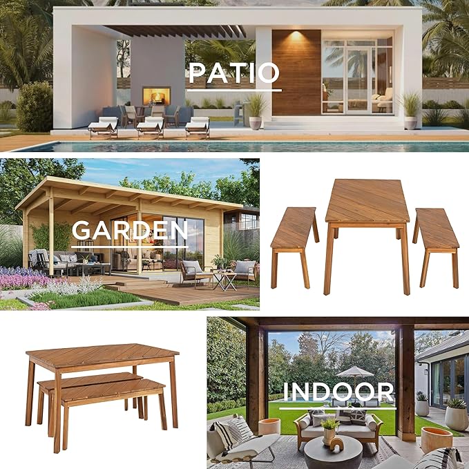 3 Pieces Acacia Wood Table with 2 Benches Dining Set Outdoor Indoor Furniture, Picnic Beer for Patio, Porch, Garden, Poolside - Natural