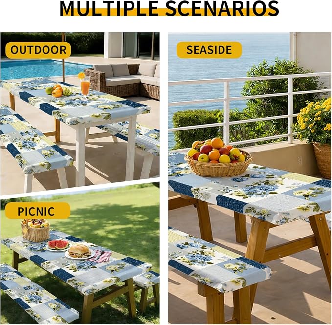 Picnic Table Cover with Bench Covers, 72 X 30 Inch Elastic Fitted Camping Tablecloth with Strap Design for 6FT Rectangle Tables, Windproof Outdoor Tablecloth Set with Storage Bag