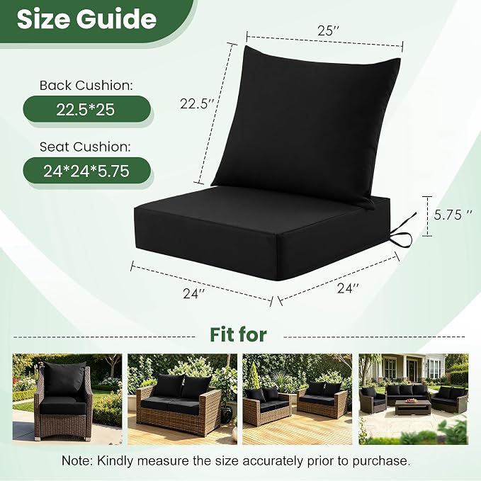Patio Cushions for Outdoor Furniture, 24x24 Outdoor Couch Cushions, Waterproof & Fade-Resistant Patio Chair Cushions with Removable Cover, Replacement Outdoor Deep Seat Cushion, Black (Set of 4)