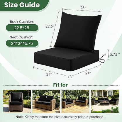Patio Cushions for Outdoor Furniture, 24x24 Outdoor Couch Cushions, Waterproof & Fade-Resistant Patio Chair Cushions with Removable Cover, Replacement Outdoor Deep Seat Cushion, Black (Set of 1)
