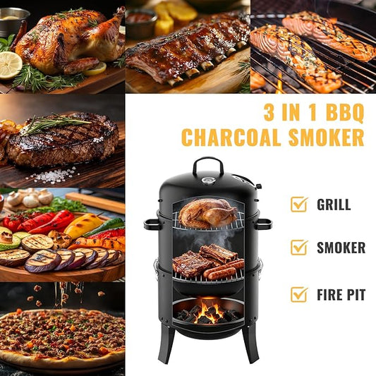 Charcoal Smoker, 3 in 1 Heavy Duty Vertical Barbecue Grill, Adjustable Air Vent, Outdoor Smoker for Backyard, Barbecues, Camping, 18" Black