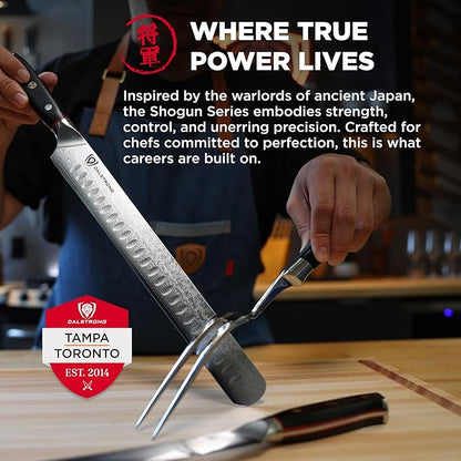 Dalstrong Slicing Carving Knife 12" + Fillet Knife 6" + Meat Fork - Shogun Series ELITE - Japanese AUS-10V Super Steel - Premium Carving Set - Black G10 Handle - Sheaths Included