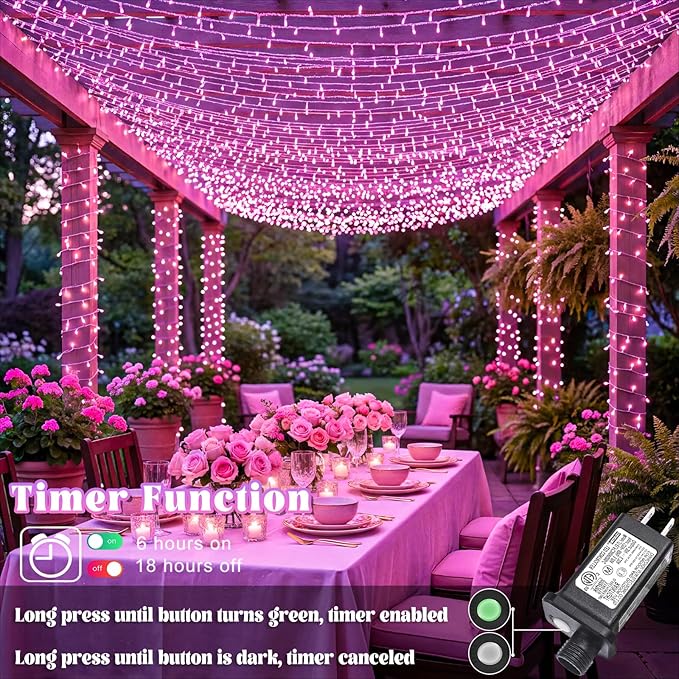 100FT 300 LED Outdoor String Lights, Connectable Pink Christmas Lights Indoor Waterproof with 8 Modes, Plug in Twinkle Fairy Lights Clear Wire for Bedroom Wedding Garden Patio Party Decorations