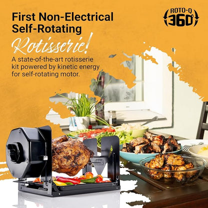 ROTO-Q 360 Cordless Universal Rotisserie Kit for Grills Ovens and Smokers - Non-Electric Wind-up Spit Roaster, Gas or Charcoal BBQ - Compatible with Kamado Joe Green Egg Kettle (Black) | Cordless wind-up rotisserie works with grills, ovens and smokers ...