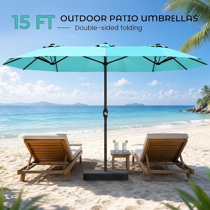 DomeShade 15ft Outdoor Umbrellas for Patio with Base,Outdoor Double-Sided Rectangle Market Umbrella with Crank Handle&Stand,Awnings for Outside Umbrellas for Poolside Lawn Backyard Garden,Turquoise
