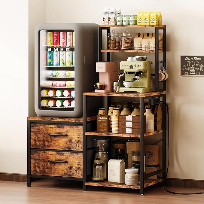Homeiju Mini Fridge Stand Coffee Bar Cabinet with Power Outlet | Baker Rack with 5 Storage Shelves and 2 Large Drawers, Mini Fridge Shelf for Kitchen, Living Room, Office, Rustic Brown