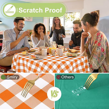 Smiry Picnic Table Cloth, Vinyl Tablecloths with Flannel Backing, 60" Round | Waterproof Picnic Table Cloth, Wipeable Buffalo Plaid Table Cover for Indoor and Outdoor (Orange & White)