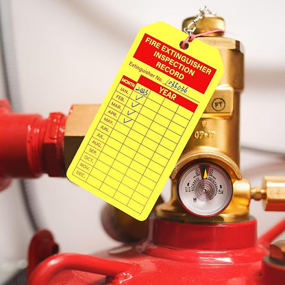 160 Sets Fire Extinguisher Tags with Adjustable Wire Ties Monthly Inspection Record Tags for Indoor Outdoor 4.2 x 2.1 Inch Yellow