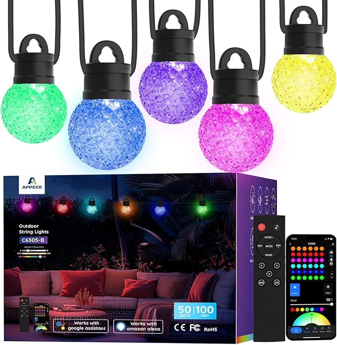 Smart Outdoor String Lights 100ft, RGBW Patio Light with 50 LED Bulb | IP65 Waterproof, 111 Scene Modes, Dimmable Warm White, Individual Control, Outdoor Patio Lights Compatible with Alexa, Google