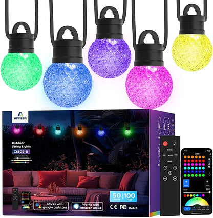 Smart Outdoor String Lights 100ft, RGBW Patio Light with 50 LED Bulb | IP65 Waterproof, 111 Scene Modes, Dimmable Warm White, Individual Control, Outdoor Patio Lights Compatible with Alexa, Google