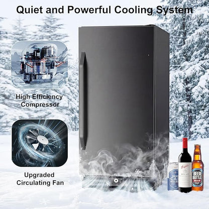15 Inch Beverage Cooler, 127-Can Stainless Steel Drink Refrigerator with Reversible Door, Built-in or Freestanding Mini Fridge with Blue LED Light, Lock and Key for Indoor Outdoor Use, Black