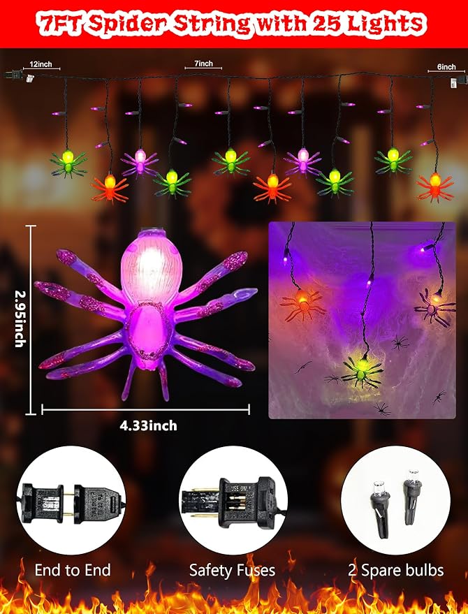 7Ft Halloween Spider Curtain String Lights Outdoor Waterproof, 25LED Plug-in Halloween Decorations with 10 Colorful Spider Lights, Spooky Party Decor for Haunted House, Patio, Porch, Yard, Window