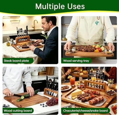 Acacia Wood Steak Board Set,16.5" Magnetic Charcuterie Board with Stainless Steel Scratch-Proof Cutting Surface Wooden Serving Platter with Cutlery & Sauce Cup for BBQ Dinner Party Housewarming Gift