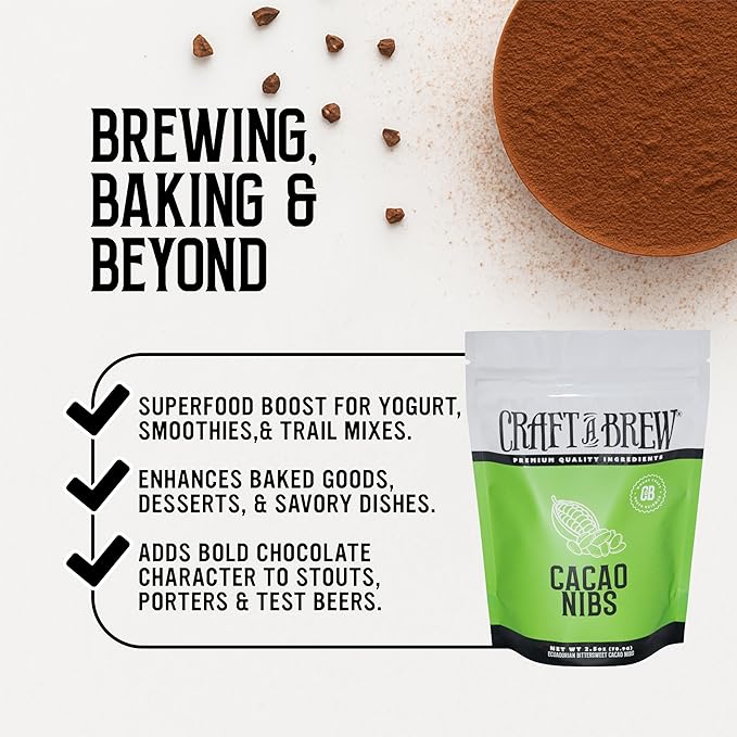 Craft A Brew - Cacao Nibs - Key Component for Chocolate Stout - For Beer Brewing - Ecuadorian Bittersweet Cacao Nibs - 2.5 oz Pack