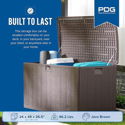 Plastic Development Group Outdoor Storage Deck Box, Soft Closure, 105 Gallon, Java