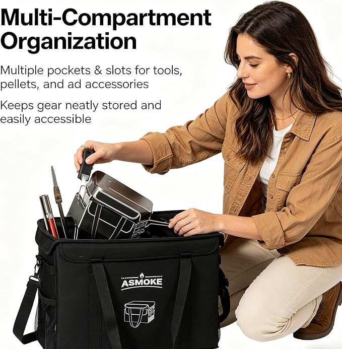 ASMOKE Essential Storage Bag - Custom Fit Grills & BBQ Accessories, Weather-Resistant, Multi-Compartment Design with Carrying Handles, Foldable for Compact Storage
